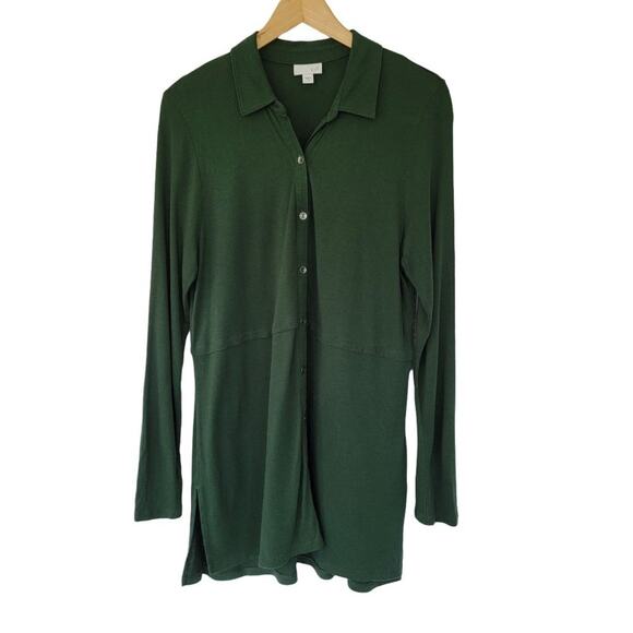 J Jill Long Sleeve Button Down Tunic Blouse Womens M Hunter Green Rayon Tencel - Picture 1 of 16